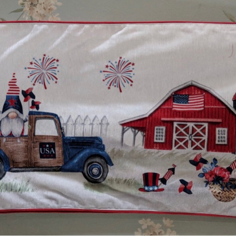Patriotic Gnome Truck and Barn Holiday Table Runner - 16” x 72”